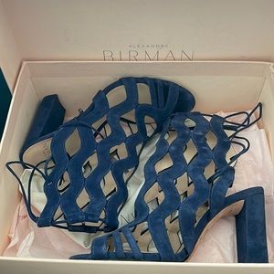 Alexandre Birman Caged Loretta Navy Blue Petrol Heels Sandals Suede 37.5